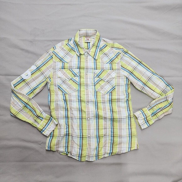 True Religion Western Pearl Snap Shirt Green Blue Plaid Cowboy Slim Fit Men’s L - Picture 1 of 16